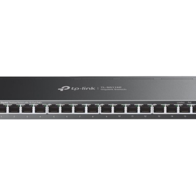 Switch de rede TP-Link preto com 24 portas Ethernet