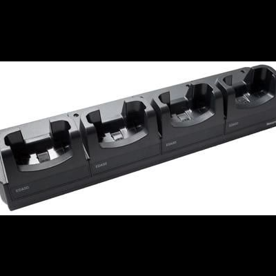 Base de carregamento preta com quatro encaixes identificados com texto branco