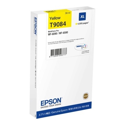 Cartucho de tinta Epson amarelo T9084 XL em embalagem branca para impressora