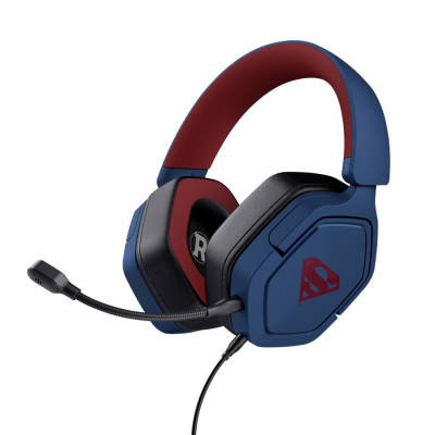 Headset gaming azul com símbolo do Superman vermelho e microfone embutido