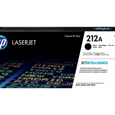 Caixa de toner HP LaserJet 212A preta e branca com texto e logótipos em azul e branco