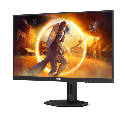 Monitor AOC preto com imagem de jogo de guerreiro e fogo no ecrã