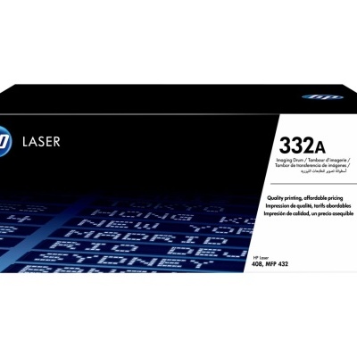 Embalagem toner HP Laser 332A preta e branca com texto e design azul