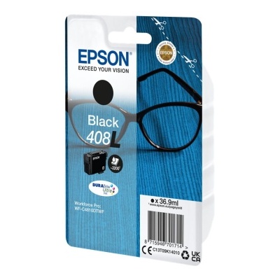 Cartucho tinta Epson Black 408L com óculos pretos na embalagem azul e prateada