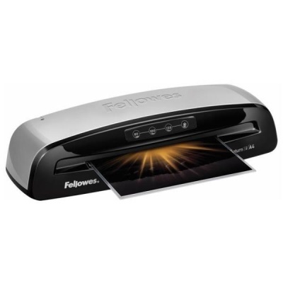 Plastificadora Fellowes Saturn 3i A4 preta e cinza com painel tátil e folha a sair