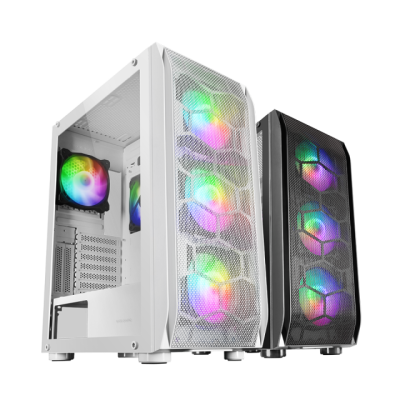 Dois gabinetes de computador com ventoinhas RGB e painéis em malha, um branco e outro preto