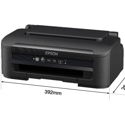 Impressora Epson preta com luzes indicadoras e medidas visíveis