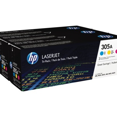 Pack triple de toner HP LaserJet 305A em caixa preta com logótipo HP