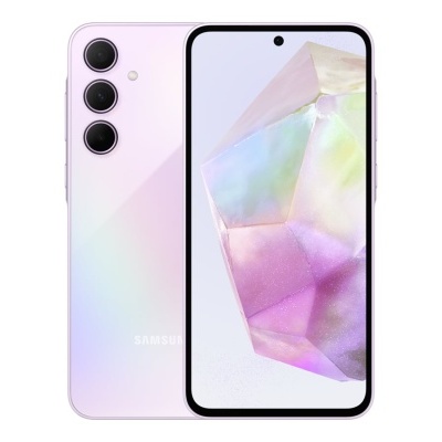 Smartphone Samsung lilás com câmeras traseiras e ecrã frontal colorido