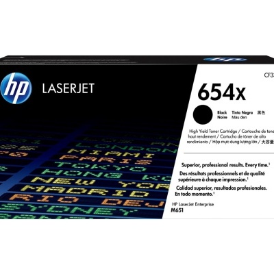 Embalagem de tinteiro HP 654X LaserJet preto com design e texto multilingue