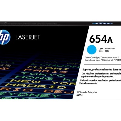Embalagem de toner HP LaserJet 654A ciano com texto informativo