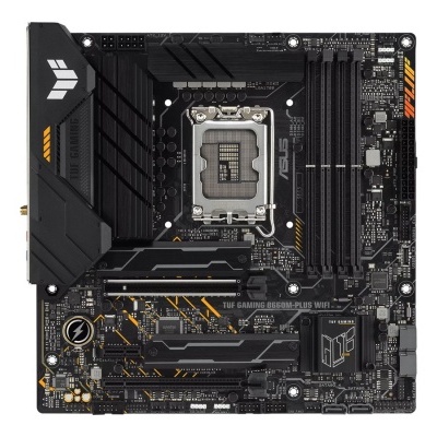 Placa-mãe ASUS TUF GAMING B660M-PLUS WIFI preta com detalhes amarelos e cinzas