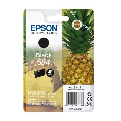 Embalagem de tinteiro preto Epson 604 com imagem de ananás