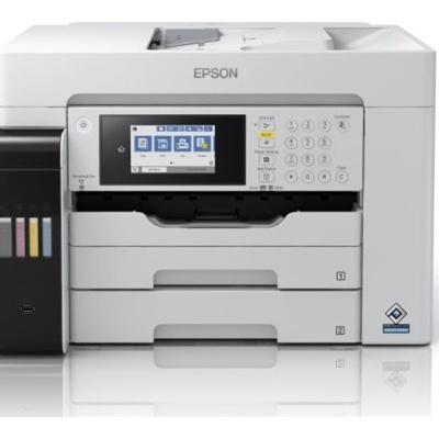 Impressora Epson multifunções branca com visor LCD e tinteiros coloridos na lateral