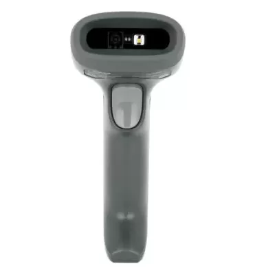 Leitor de código de barras cinza com visor digital e gatilho