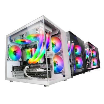 Computadores de secretária com torre transparente e ventiladores RGB coloridos