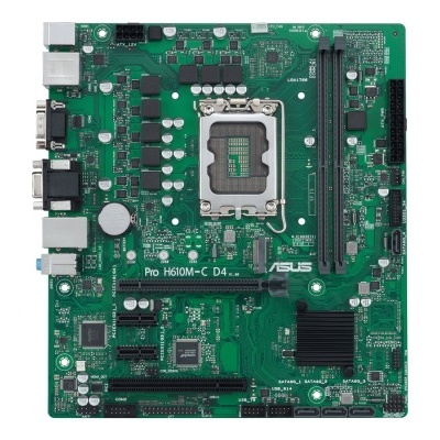 Placa-mãe ASUS Pro H610M-C D4 verde com conectores e soquete de processador