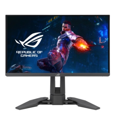 Monitor de computador com base preta e imagem de videojogos no ecrã