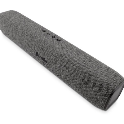 Barra de som cinza em tecido com botões no topo