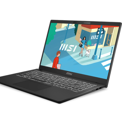 Computador portátil MSI preto com ecrã ilustrado