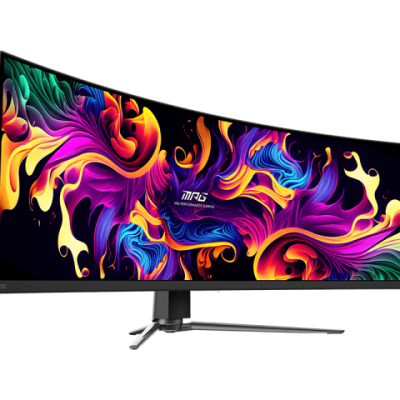 Monitor ultrapanorâmico curvo MSI com base metálica e ecrã colorido vibrante