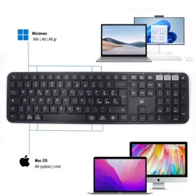 Teclado preto QWERTY com indicações para Windows e Mac OS