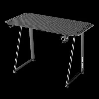 Mesa de trabalho preta com tampo texturizado e pernas metálicas em forma de A