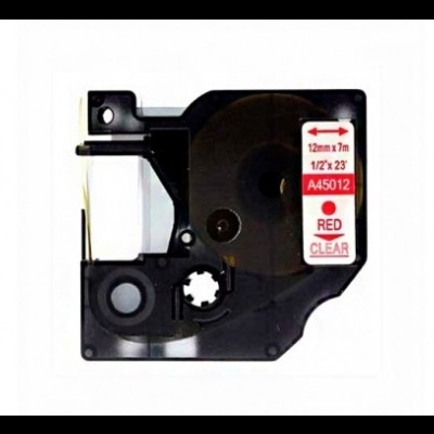 Cassete de fita para rotuladora preta com etiqueta de dimensões e cor em branco e vermelho.