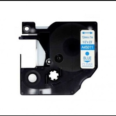 Etiqueta em carretel plástico preto com marcador azul e texto de dimensões e código