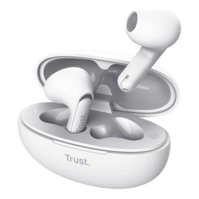 Auriculares sem fios brancos com estojo de carregamento branco e marca Trust
