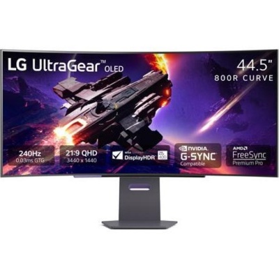 Monitor curvo LG UltraGear OLED 44.5 polegadas com imagem de nave espacial na tela
