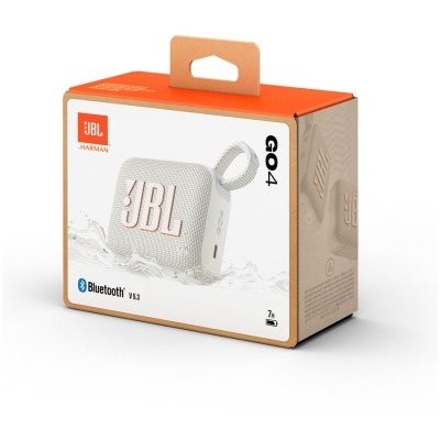 Caixa de som portátil JBL GO 4 branca na embalagem.