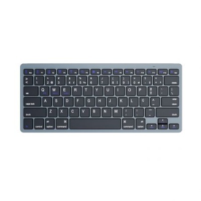 Teclado compacto sem fios preto e cinza com teclas QWERTY e comandos