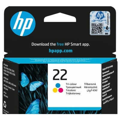 Cartucho de tinta HP 22 tricolor em caixa preta com detalhes em azul e branco