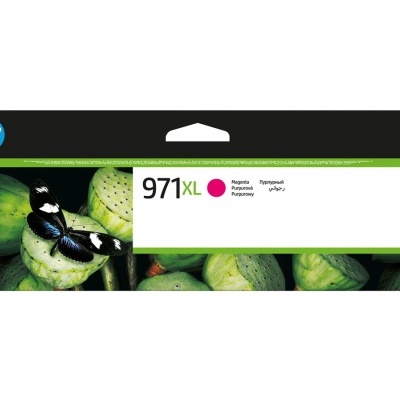 Embalagem de tinta HP 971XL magenta com borboleta e frutos verdes