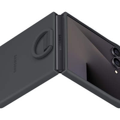 Smartphone dobrável preto Samsung aberto a 90 graus