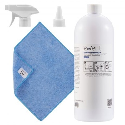 Kit de limpeza para ecrãs com frasco branco, spray, aplicador e pano azul