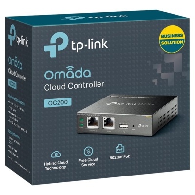 Embalagem de tp-link Omada Cloud Controller OC200 com dispositivo e informações técnicas.