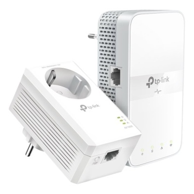 Conjunto de adaptadores de rede TP-Link brancos com texturas e LEDs