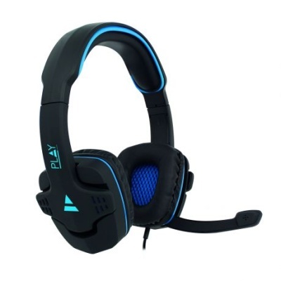 Auricular gaming preto com detalhes azuis e microfone ajustável