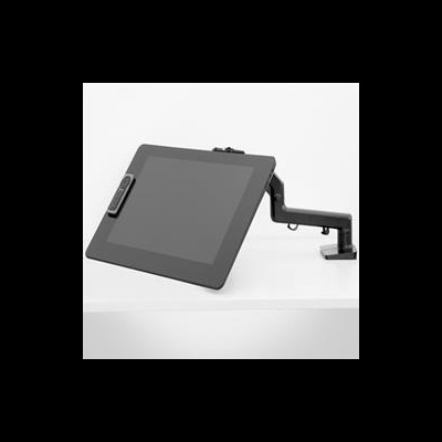 Ecrã tátil negro em suporte articulado sobre superfície branca