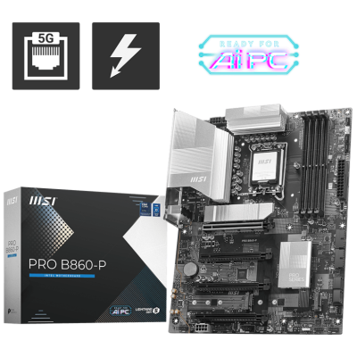 Placa-mãe MSI PRO B860-P com caixa e ícones 5G, raio e READY FOR AI PC