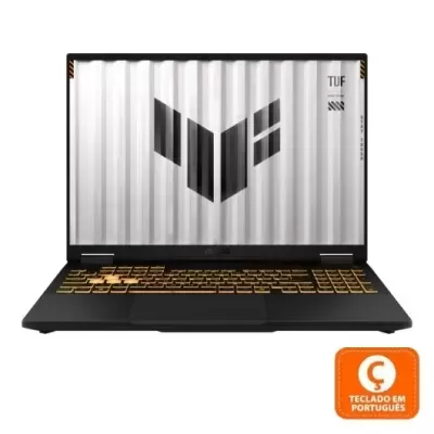 Computador portátil TUF com teclado em português e ecrã com padrão metálico