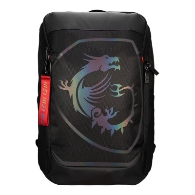 Mochila preta com símbolo holográfico de dragão e alça vermelha MSI