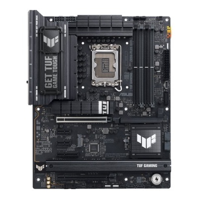 Placa mãe preta e cinza escuro com texto LET TUF GAME TOUGH