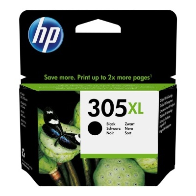 Cartucho de tinta HP 305XL preto em embalagem preta e verde com borboleta azul