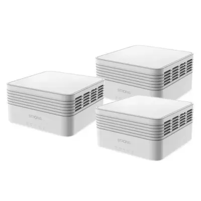 Três purificadores de ar quadrados brancos com detalhes cinza