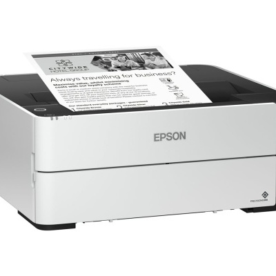 Impressora Epson branca e preta com papel impresso