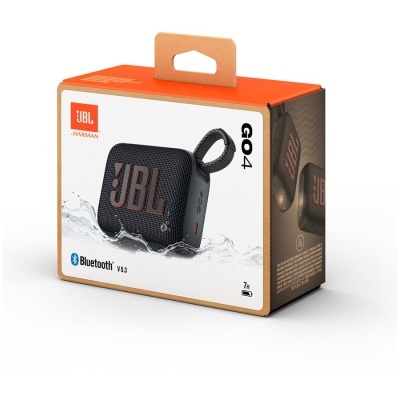 Coluna portátil JBL GO 4 em caixa com fundo branco e detalhes laranja