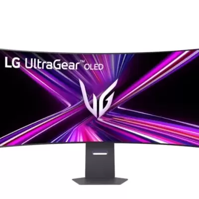 Monitor curvo LG UltraGear OLED com design moderno e base preta